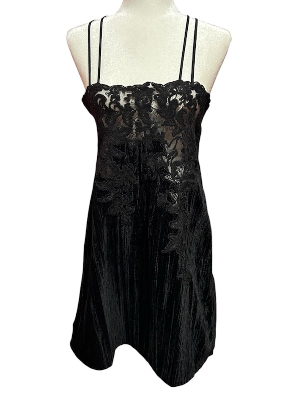 Topshop Black Velvet & Lace-Embellished Midi Lingerie style Slip Dress Goth Glam